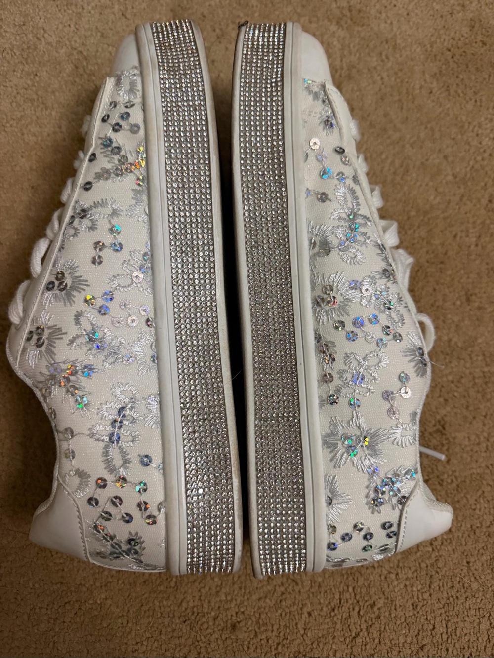 White Embellished Platform Sneakers with Silver Rhinestone Trim- Size 9